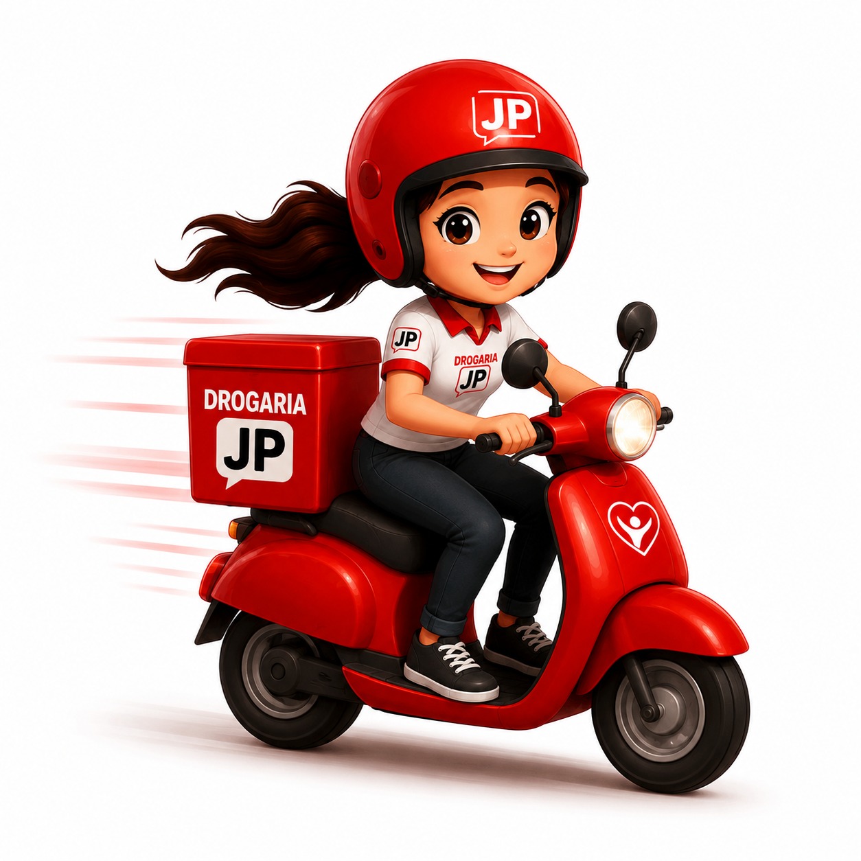 Entregadora da Drogaria JP em uma moto vermelha